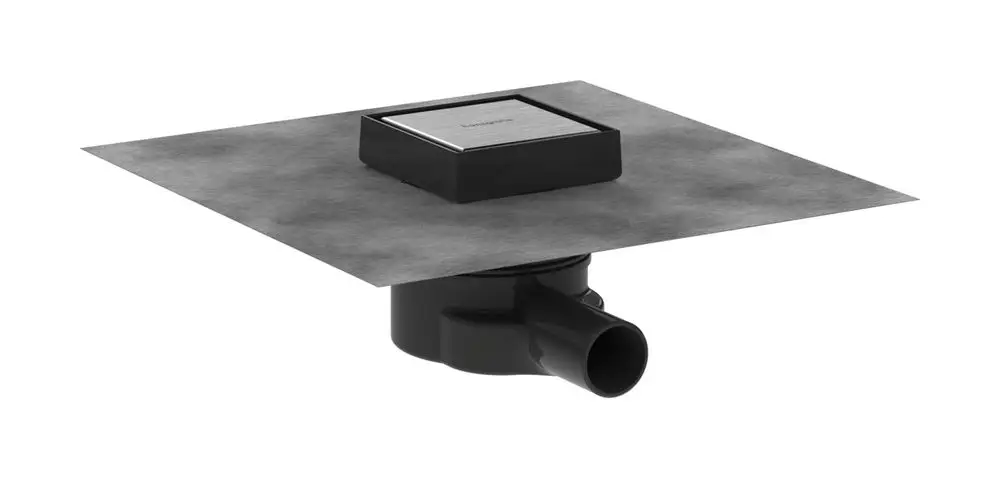 Hansgrohe Ablaufset mit quadratischer Abdeckung und seitlichem Auslass. Die Oberseite ist für eine Befliesung vorbereitet.